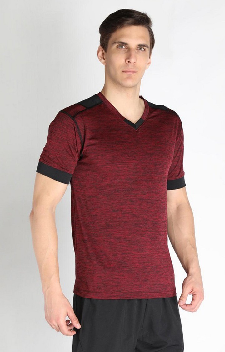 Men's Red Melange Textured Polyester Activewear T-Shirt