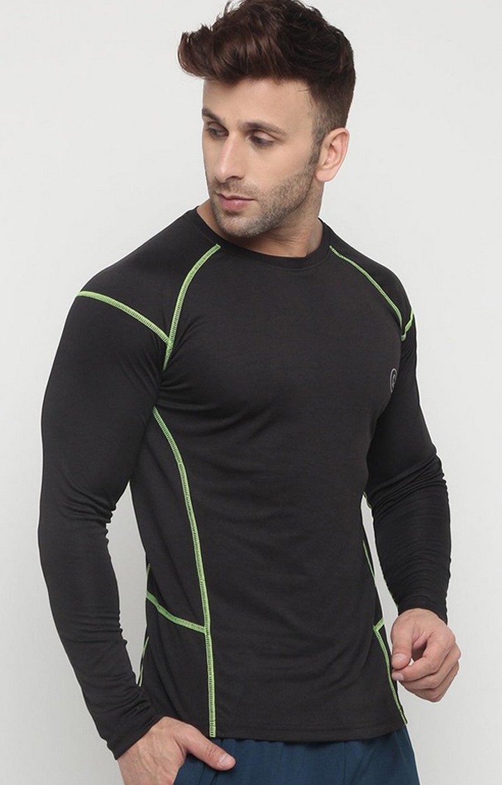 Men's Black Solid Polyester Activewear T-Shirt