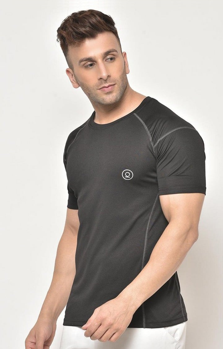 Men's Black Solid Polyester Activewear T-Shirt