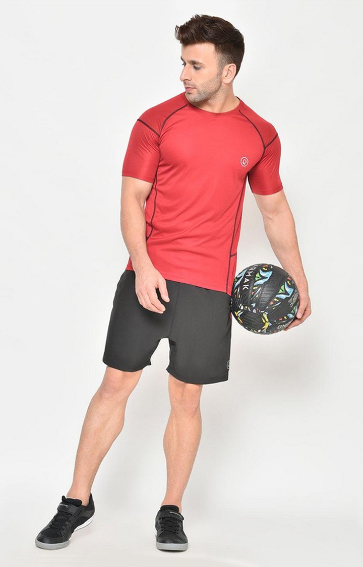 Men's Red Solid Polyester Activewear T-Shirt