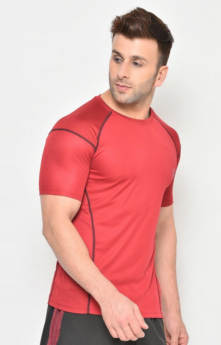 Men's Red Solid Polyester Activewear T-Shirt