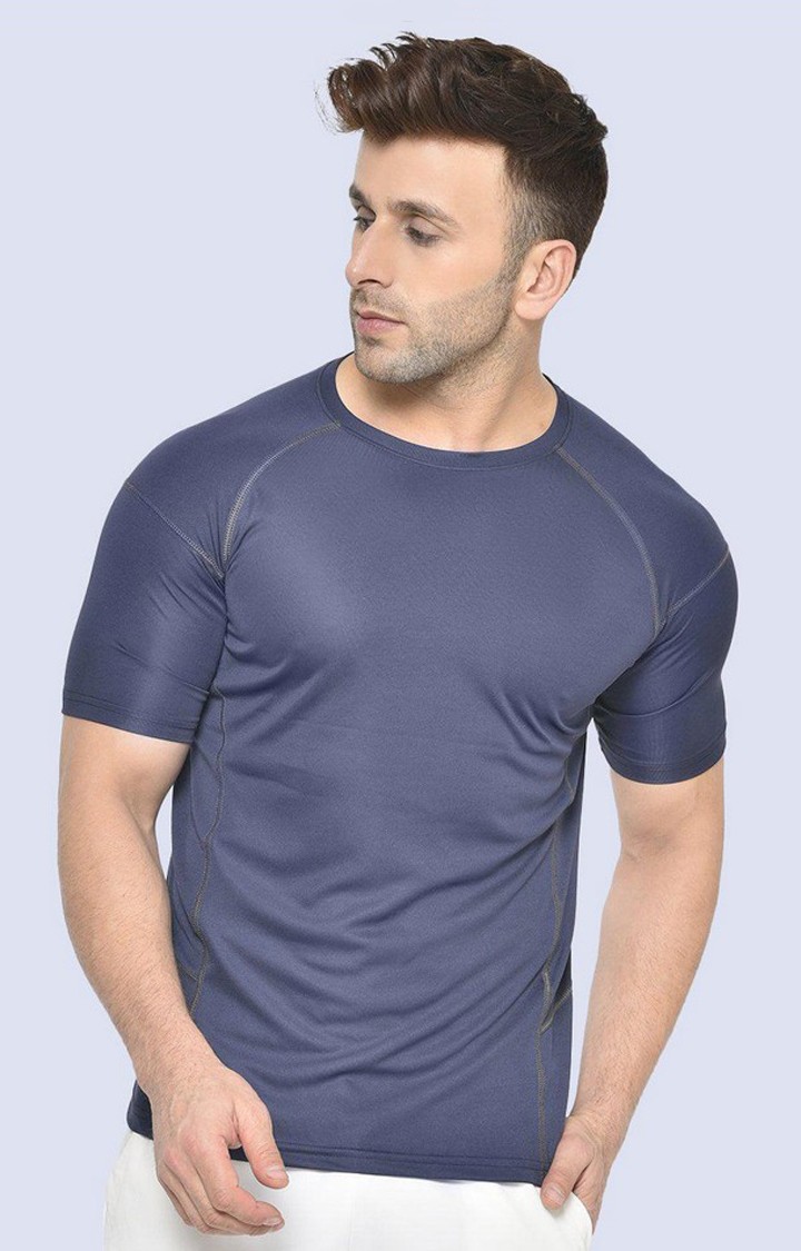 Men's Blue Solid Polyester Activewear T-Shirt