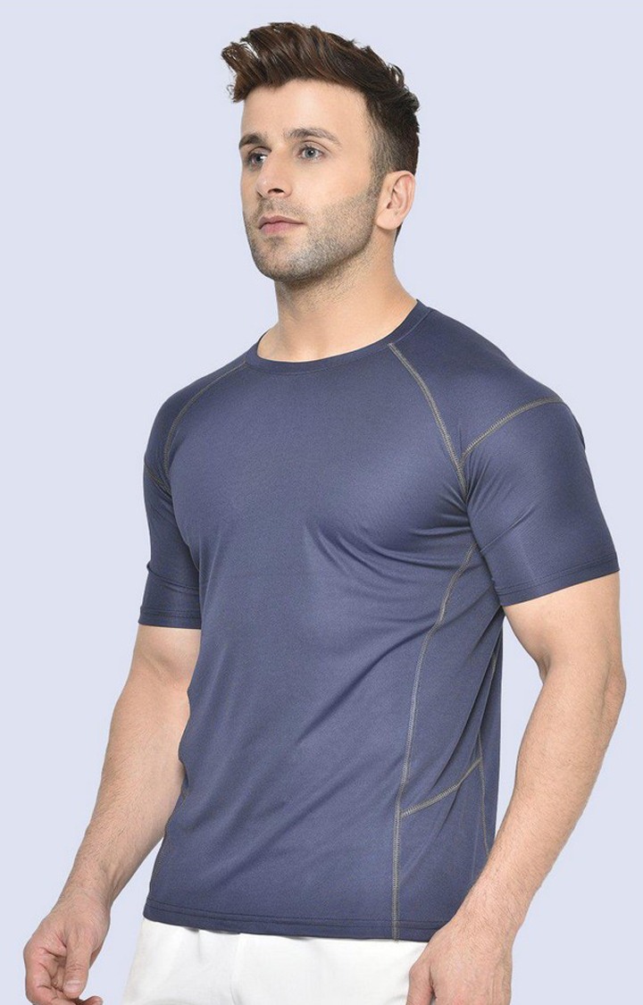 Men's Blue Solid Polyester Activewear T-Shirt