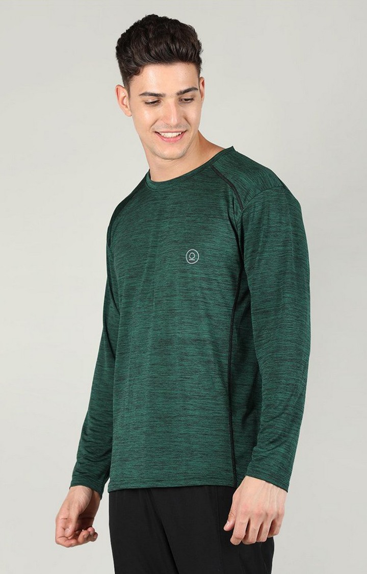 Men's Green Melange Textured Polyester Activewear T-Shirt