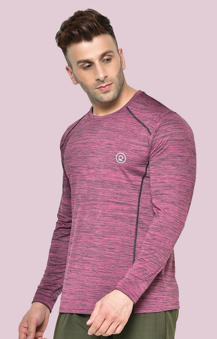 Men's Magenta Red Melange Textured Polyester Activewear T-Shirt