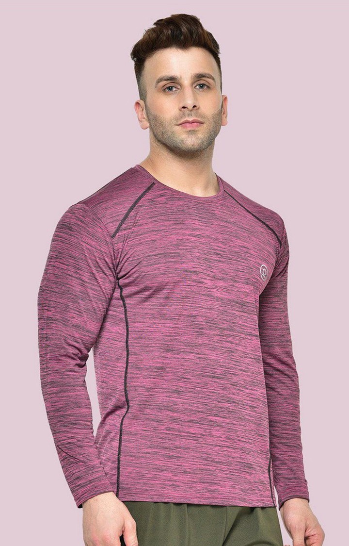 Men's Magenta Red Melange Textured Polyester Activewear T-Shirt