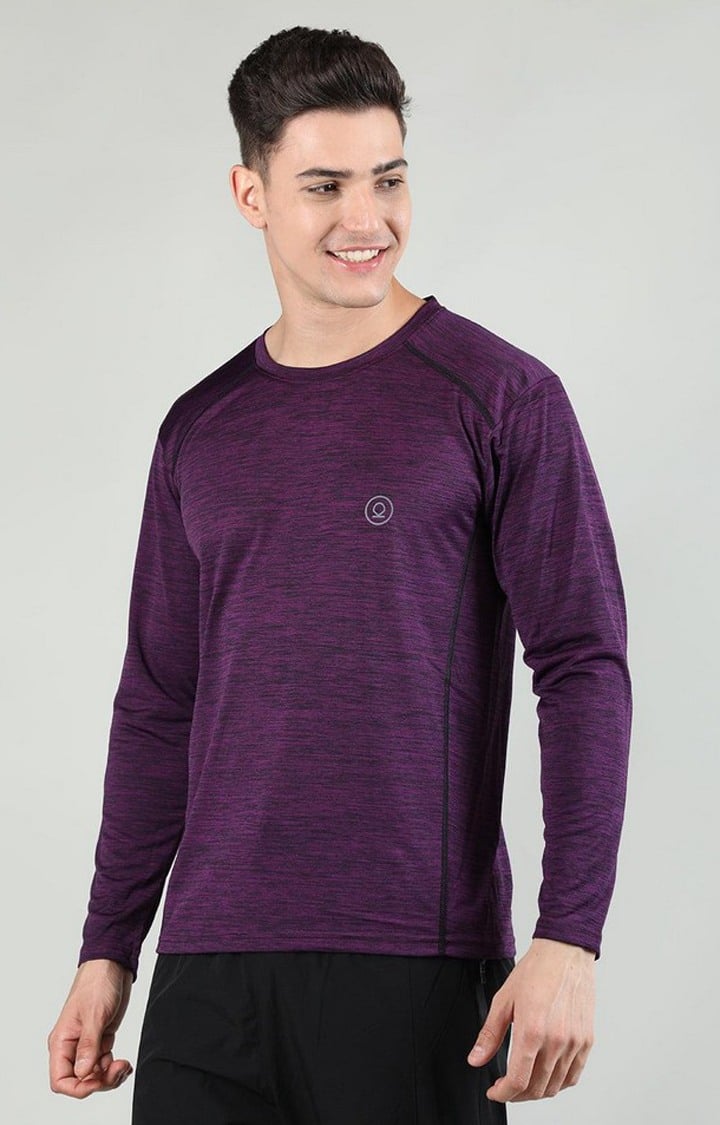 Men's Purple Melange Textured Polyester Activewear T-Shirt