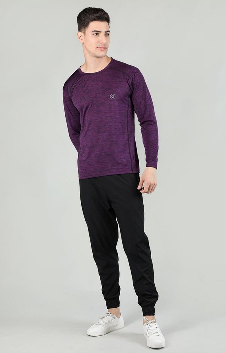 Men's Purple Melange Textured Polyester Activewear T-Shirt