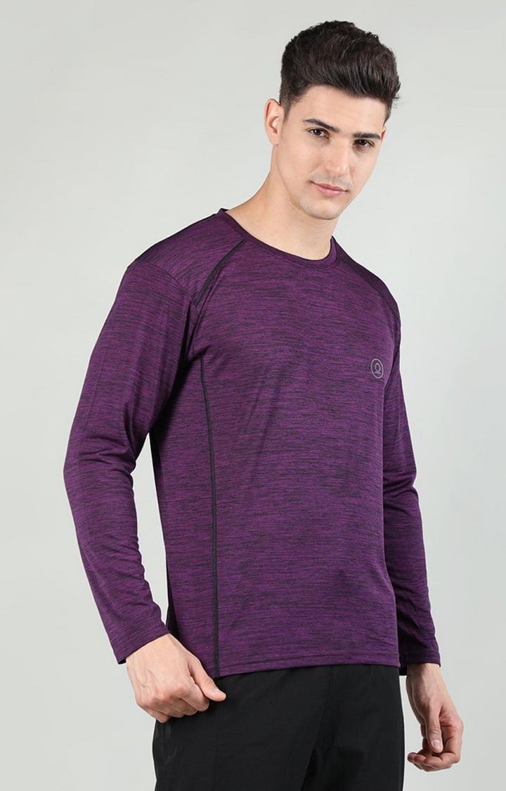 Men's Purple Melange Textured Polyester Activewear T-Shirt