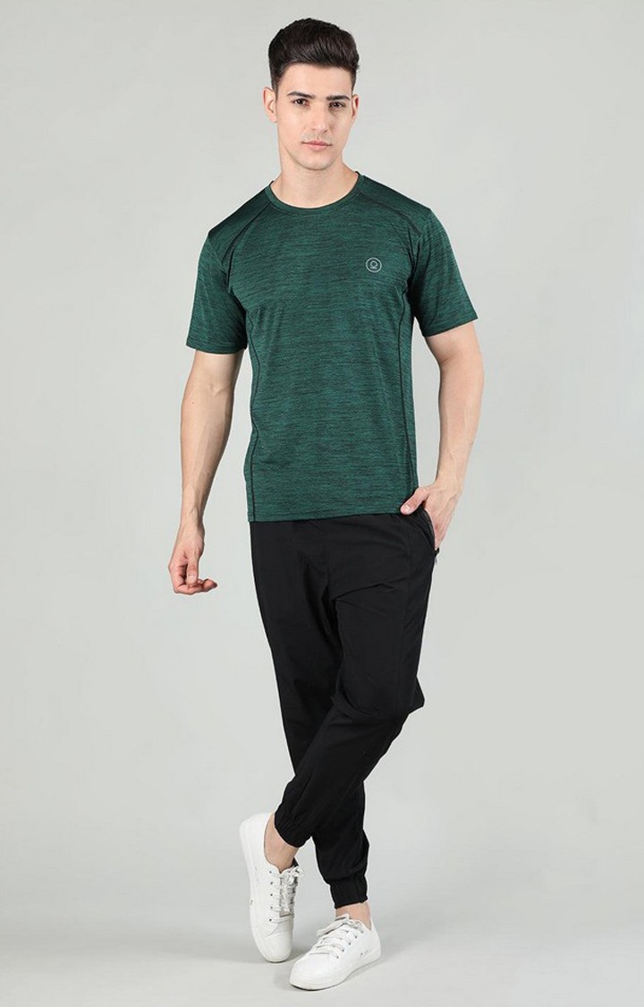 Men's Green Melange Textured Polyester Activewear T-Shirt