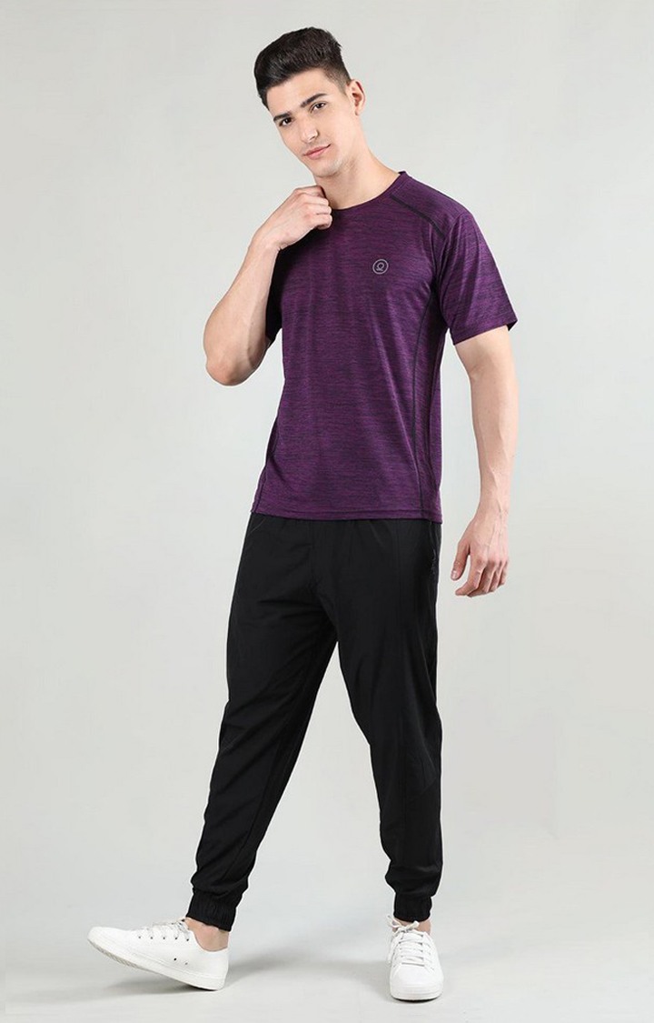 Men's Purple Melange Textured Polyester Activewear T-Shirt