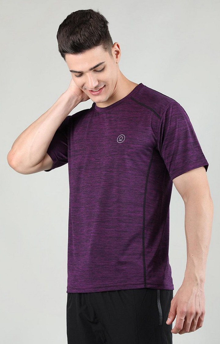 Men's Purple Melange Textured Polyester Activewear T-Shirt