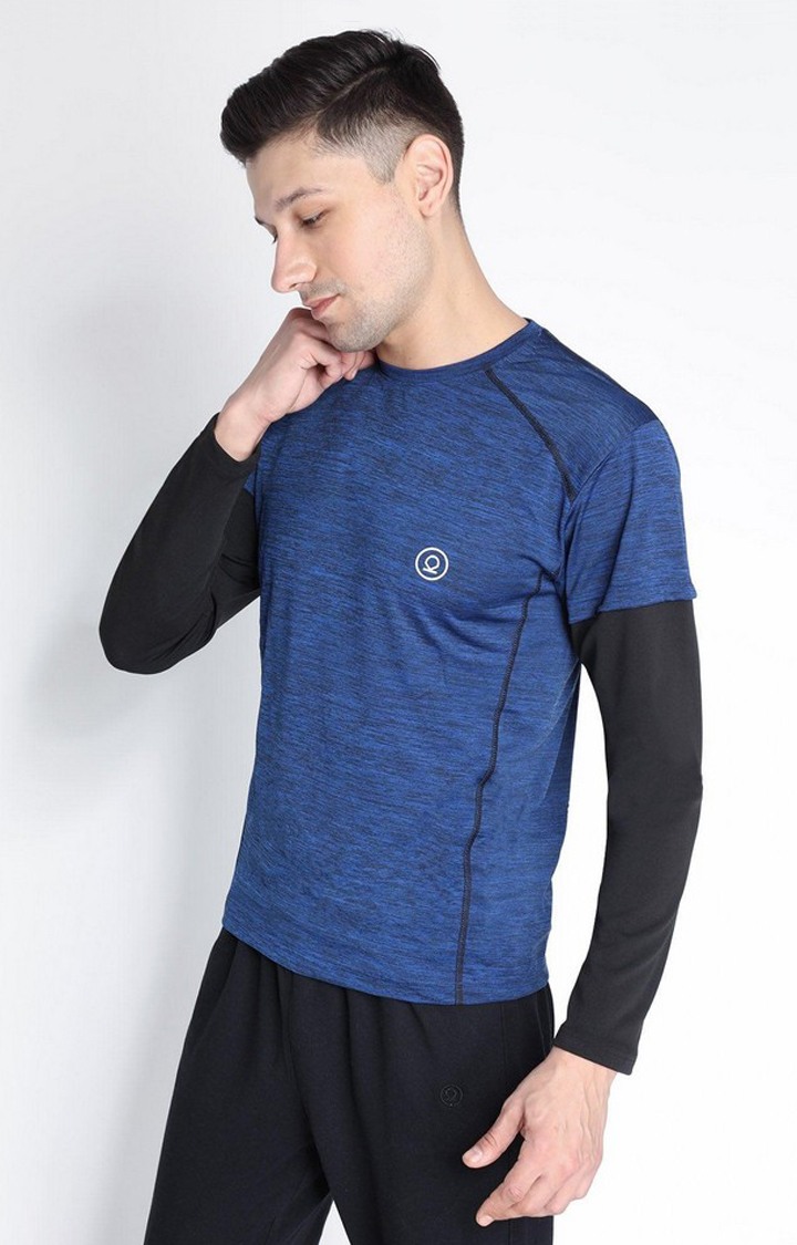 Men's Blue Melange Textured Polyester Activewear T-Shirt