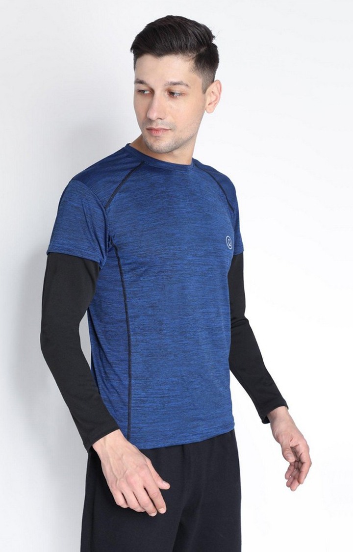 Men's Blue Melange Textured Polyester Activewear T-Shirt