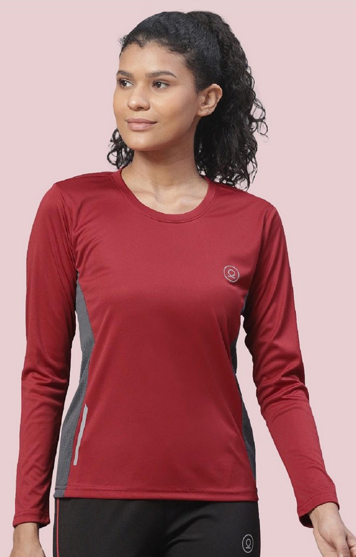 CHKOKKO | Women's Red Solid Polyester Activewear T-Shirt