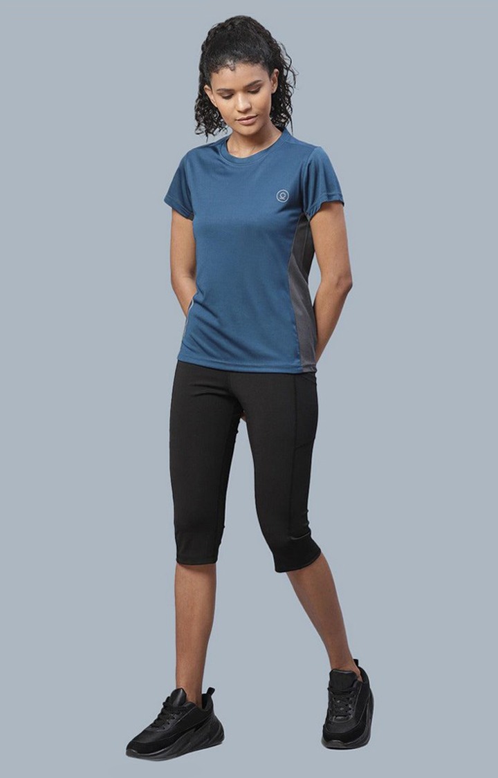 Women's Blue Solid Polyester Activewear T-Shirt