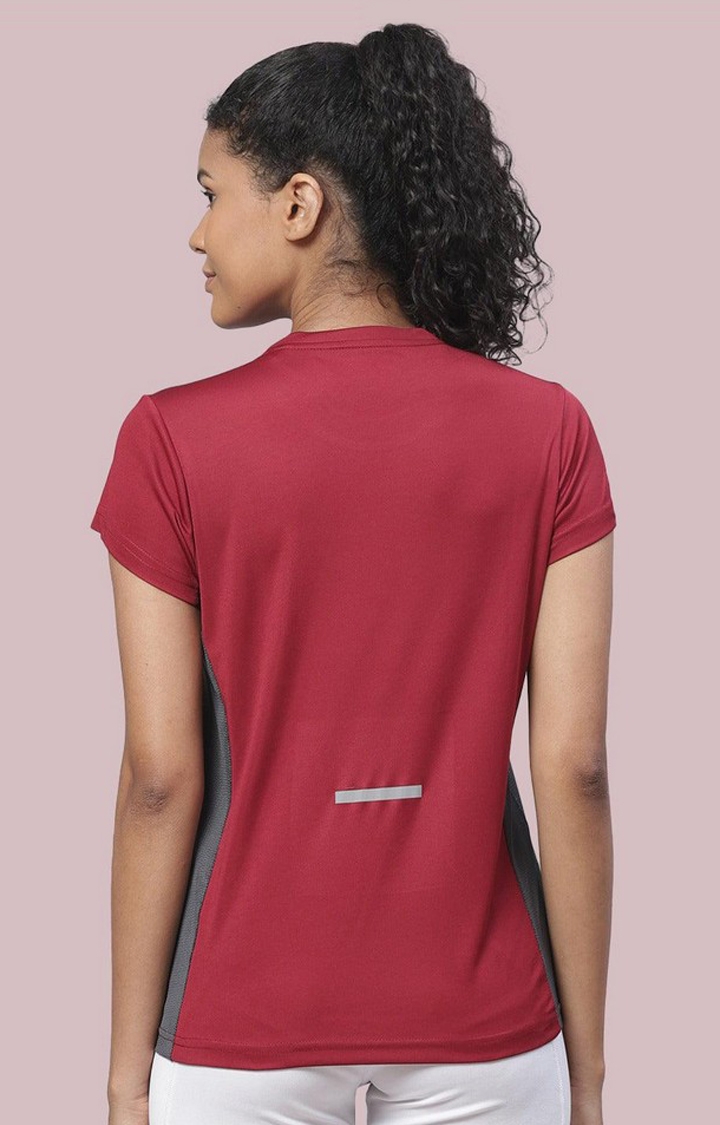 CHKOKKO | Women's Red Solid Polyester Activewear T-Shirt 3