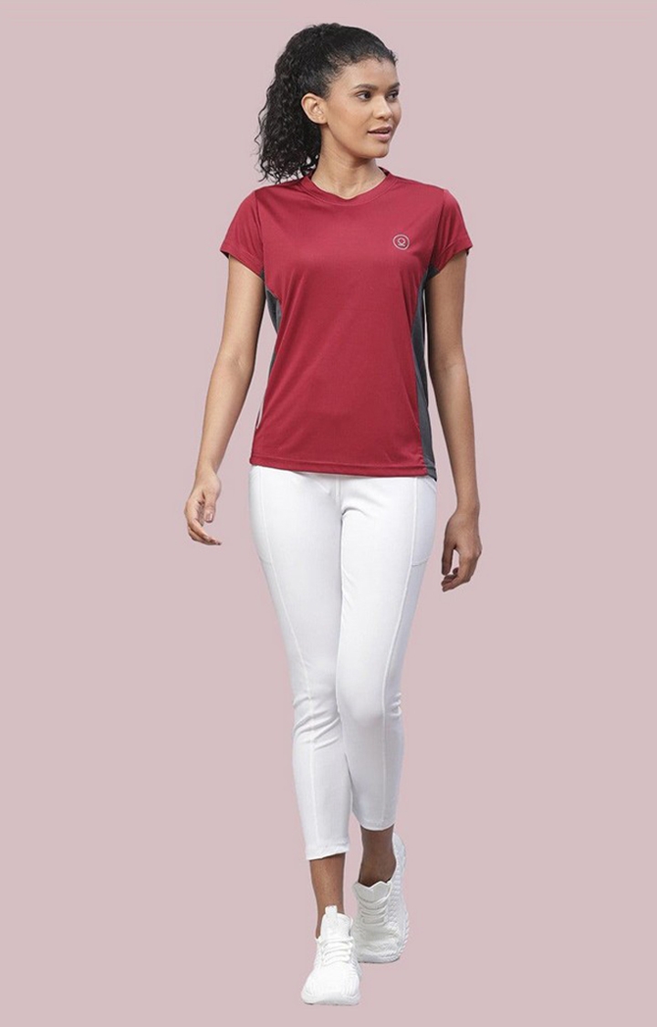 CHKOKKO | Women's Red Solid Polyester Activewear T-Shirt 1