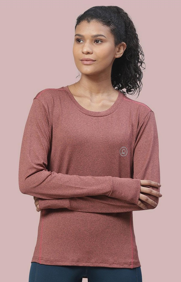 Women's Rust Brown Melange Textured Polyester Activewear T-Shirt