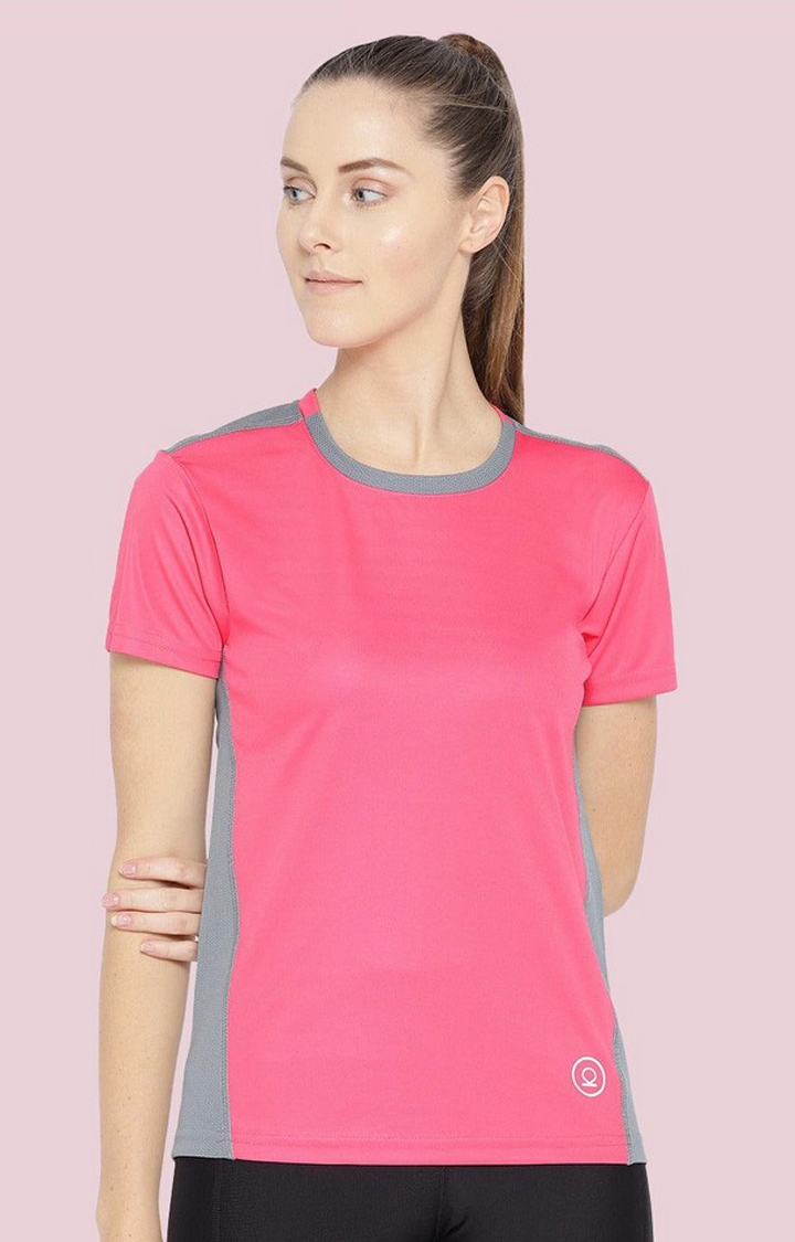 CHKOKKO | Women's Pink Solid Polyester Activewear T-Shirt