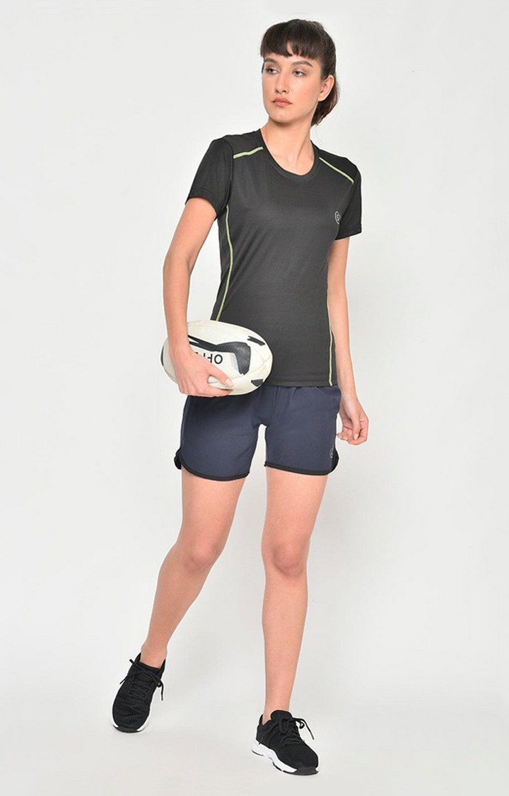 Women's Black Solid Polyester Activewear T-Shirt
