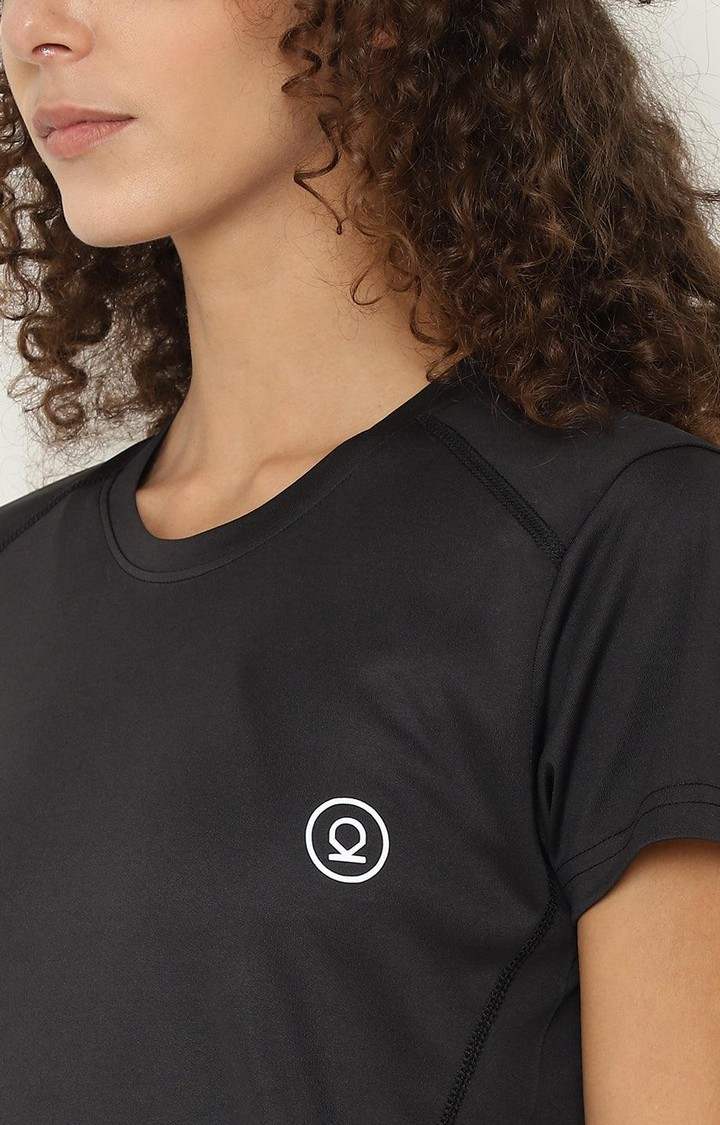 Women's Black Solid Polyester Activewear T-Shirt