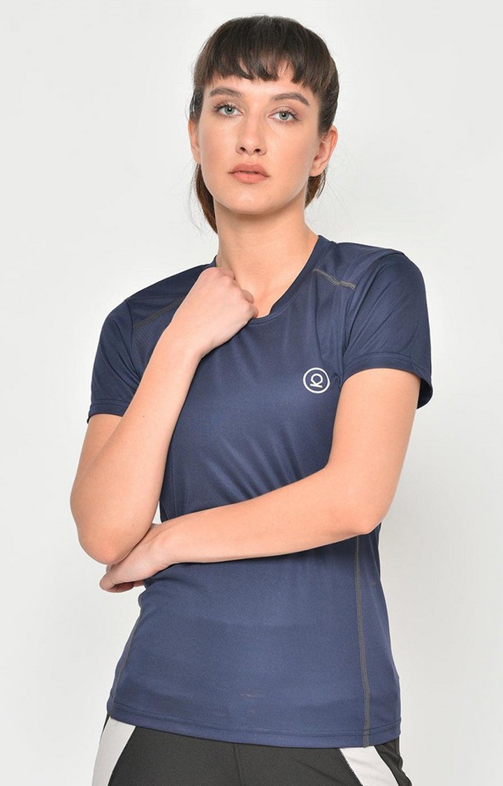 CHKOKKO | Women's Blue Solid Polyester Activewear T-Shirt