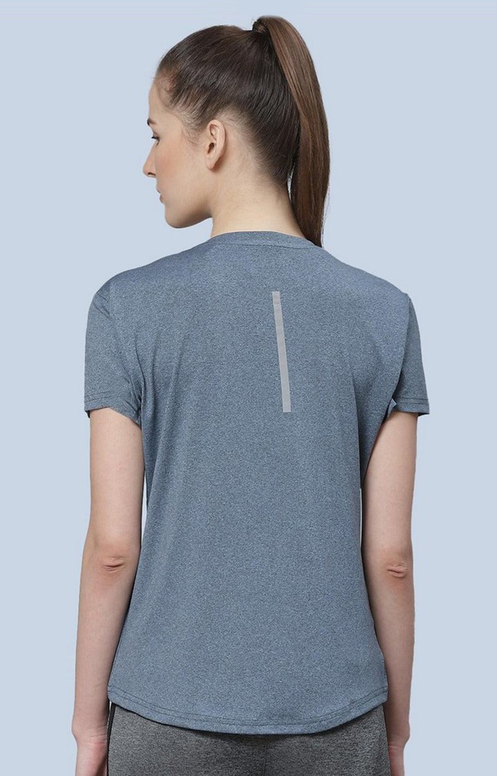 Women's Blue Melange Textured Polyester Activewear T-Shirt