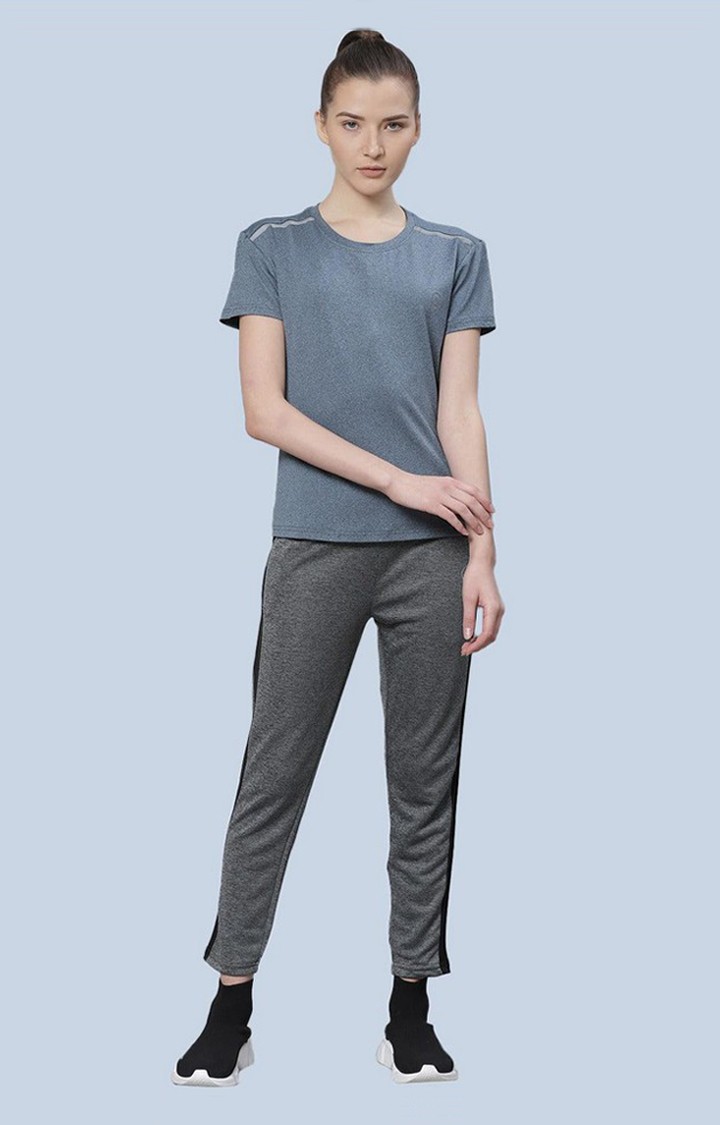 Women's Blue Melange Textured Polyester Activewear T-Shirt