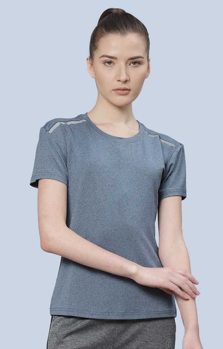 CHKOKKO | Women's Blue Melange Textured Polyester Activewear T-Shirt