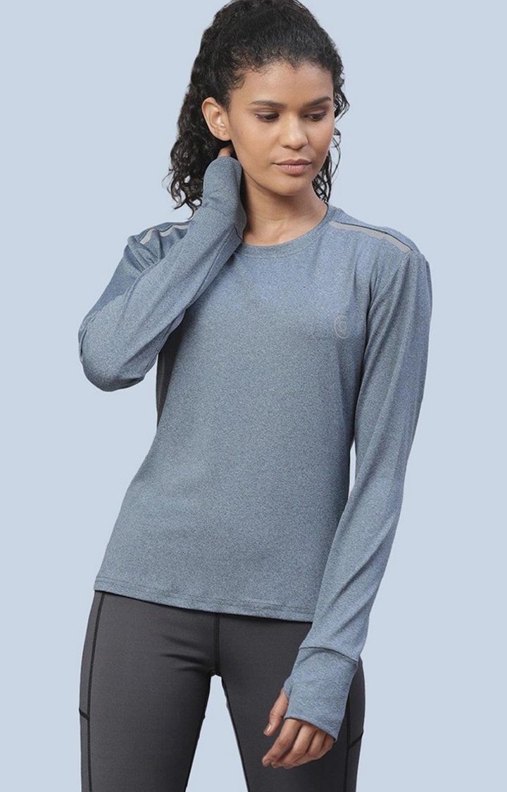 CHKOKKO | Women's Blue Melange Textured Polyester Activewear T-Shirt