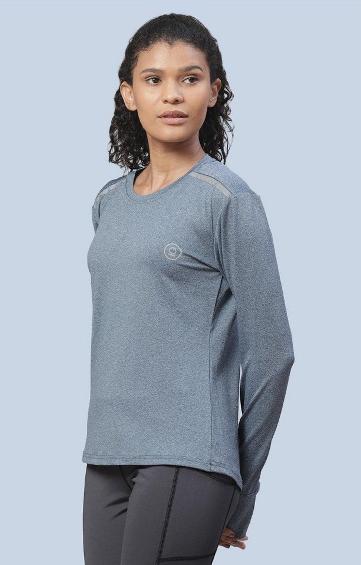 Women's Blue Melange Textured Polyester Activewear T-Shirt