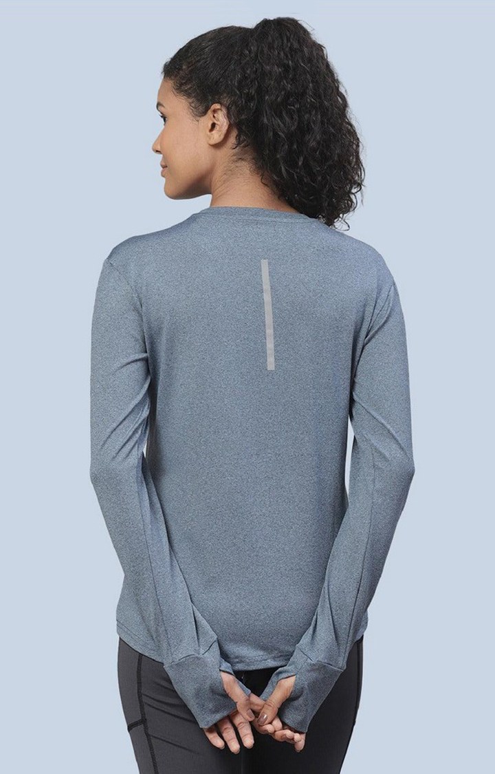 Women's Blue Melange Textured Polyester Activewear T-Shirt