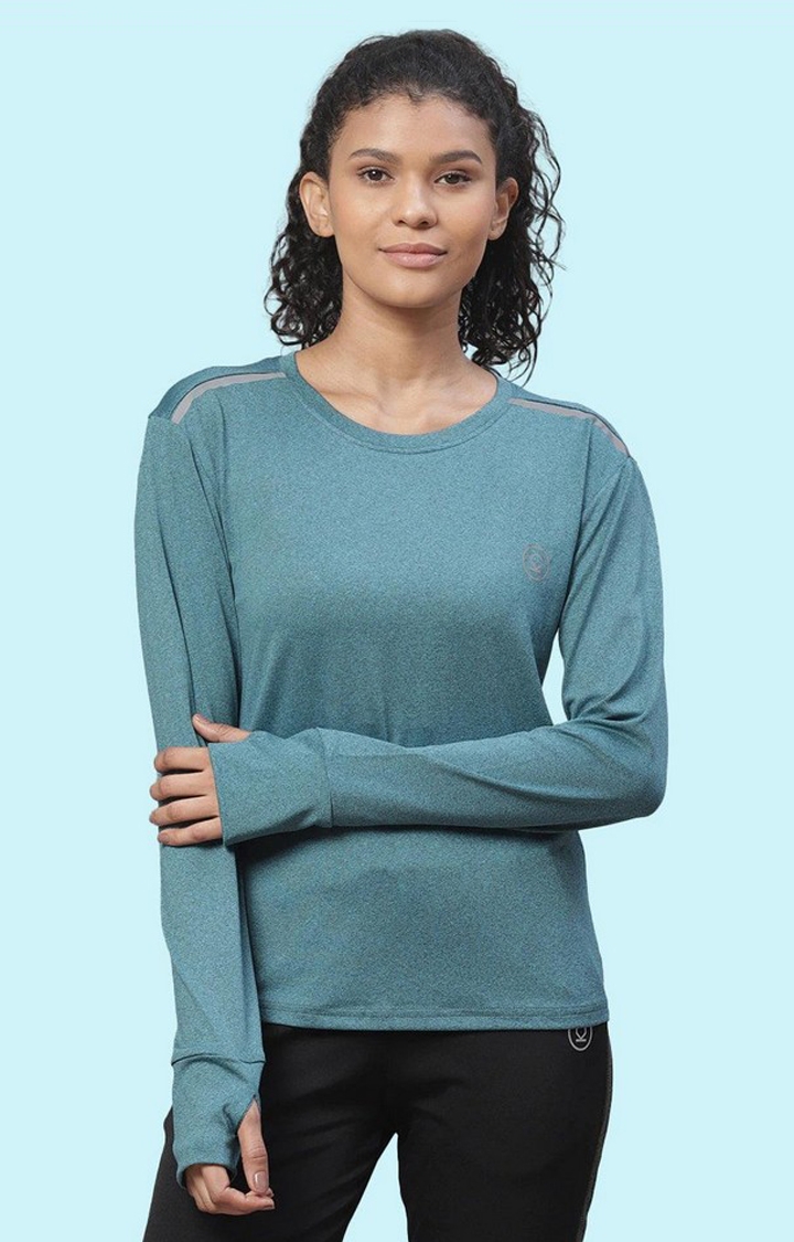 CHKOKKO | Women's Green Melange Textured Polyester Activewear T-Shirt