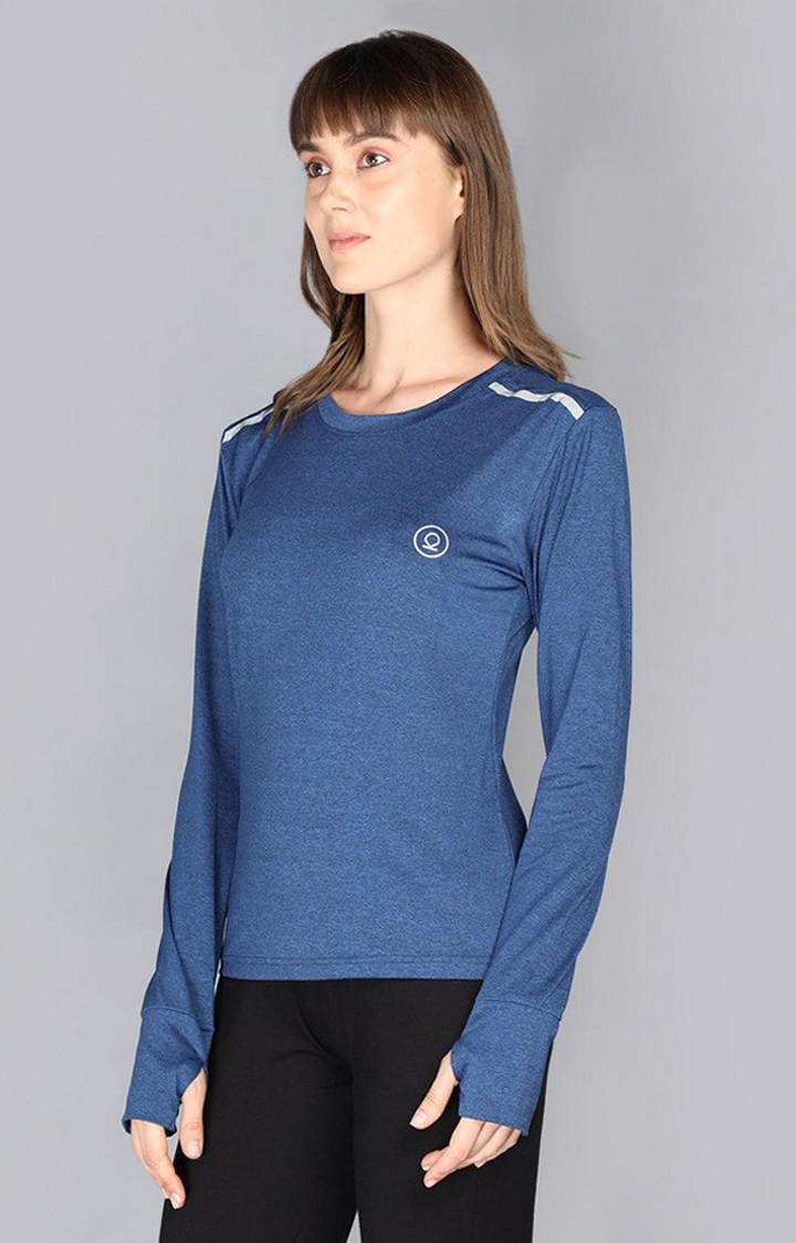 Women's Blue Melange Textured Polyester Activewear T-Shirt