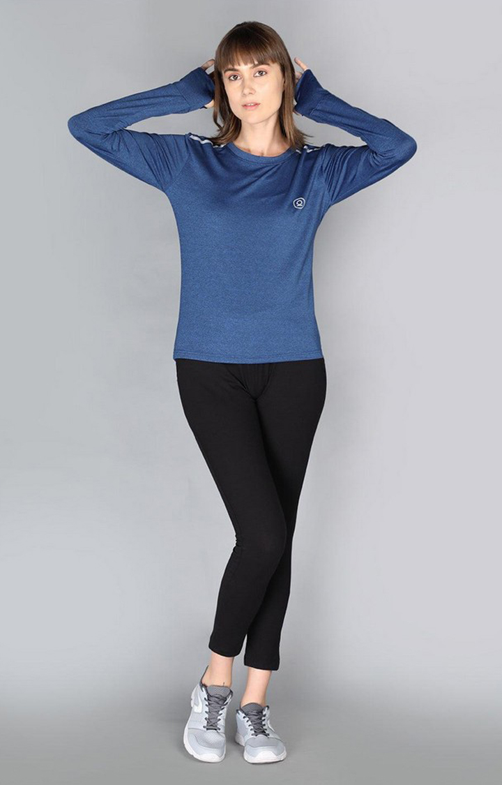 Women's Blue Melange Textured Polyester Activewear T-Shirt