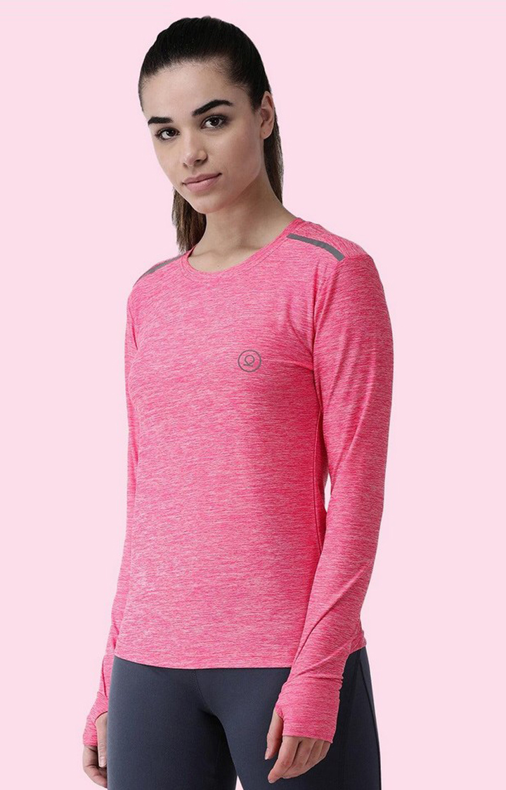 Women's Pink Melange Textured Polyester Activewear T-Shirt