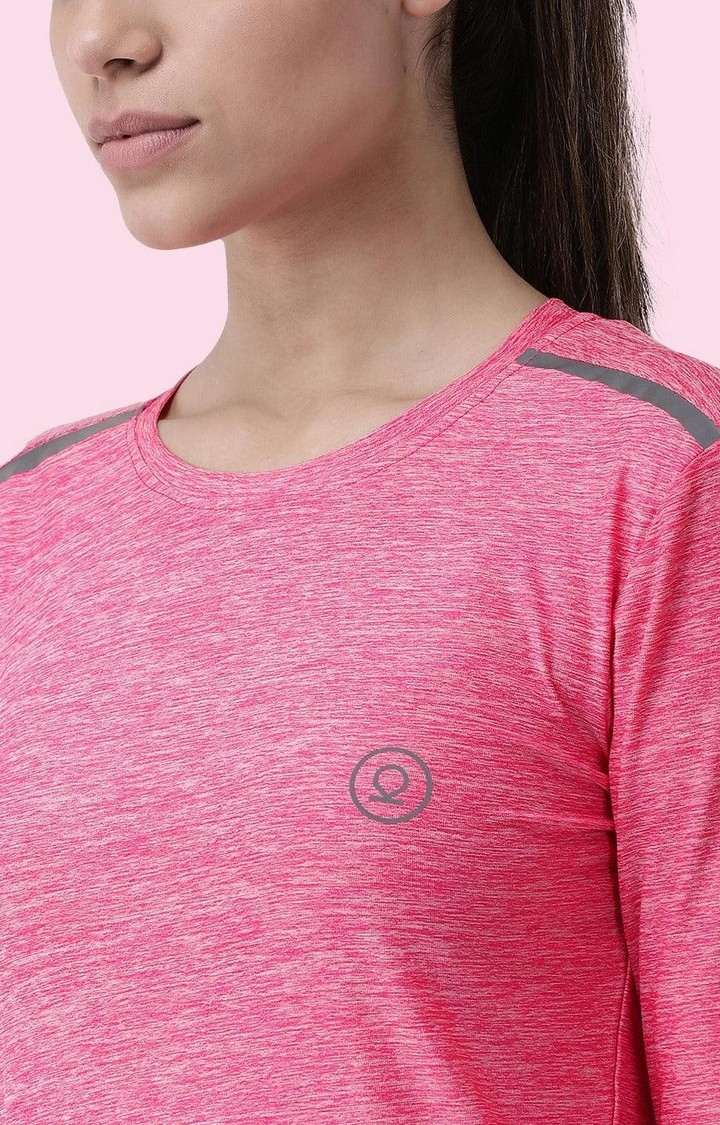 Women's Pink Melange Textured Polyester Activewear T-Shirt