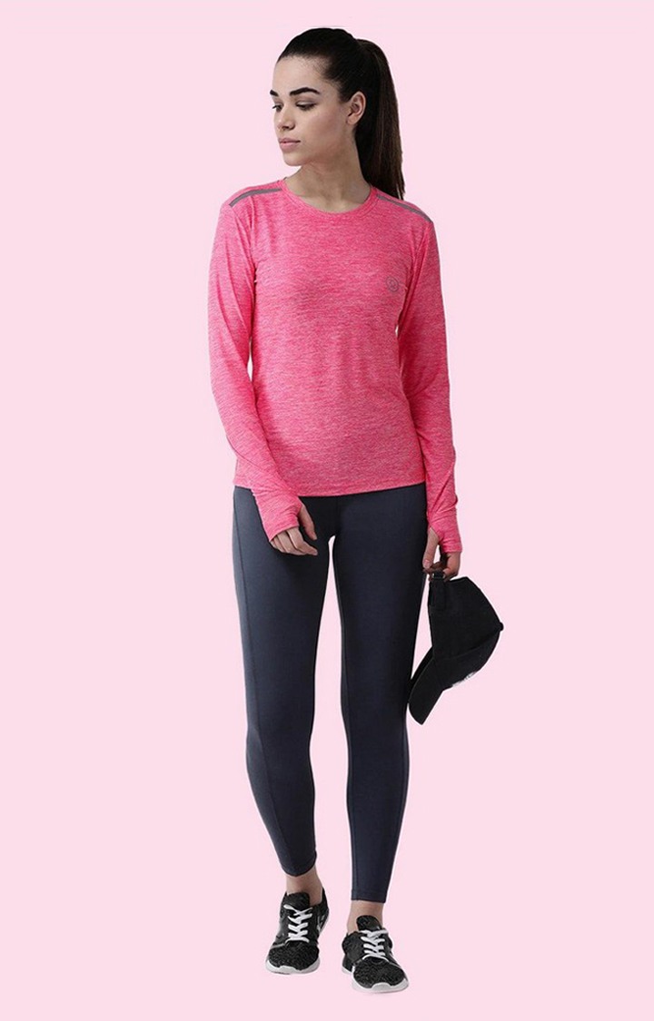 Women's Pink Melange Textured Polyester Activewear T-Shirt