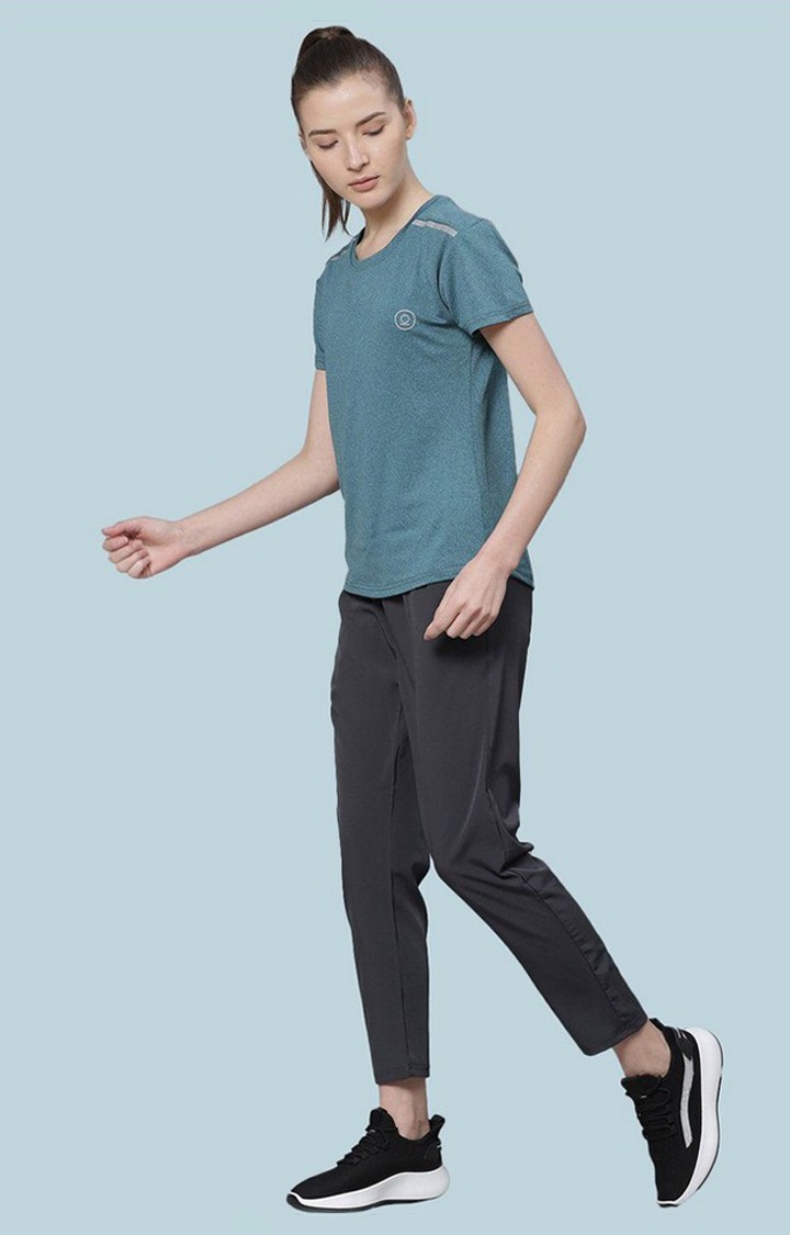 Women's Green Melange Textured Polyester Activewear T-Shirt