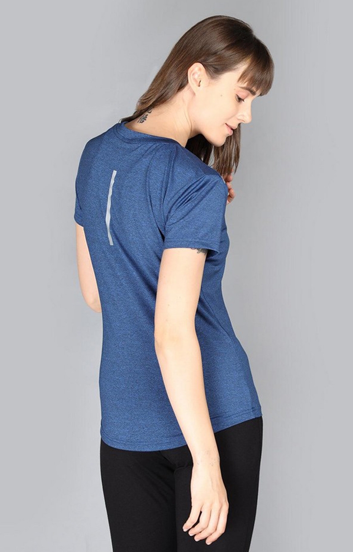 Women's Blue Melange Textured Polyester Activewear T-Shirt