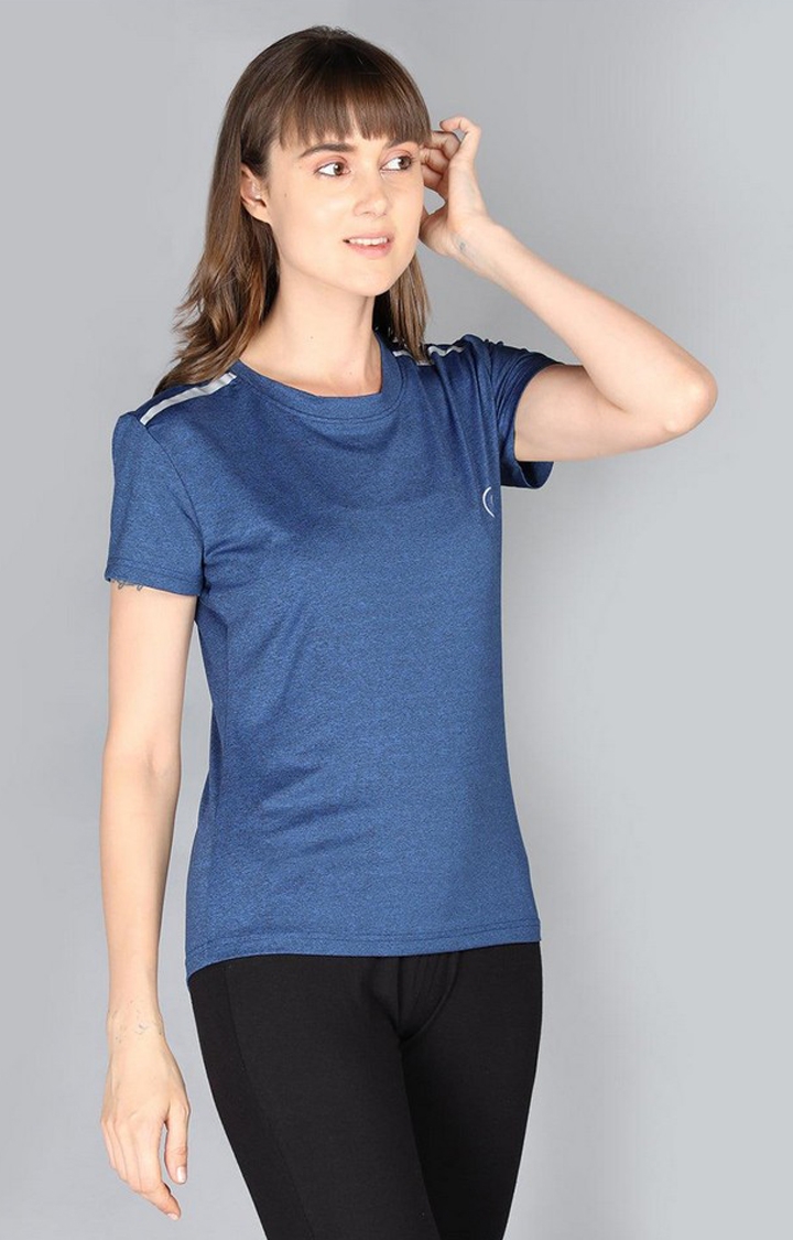 Women's Blue Melange Textured Polyester Activewear T-Shirt