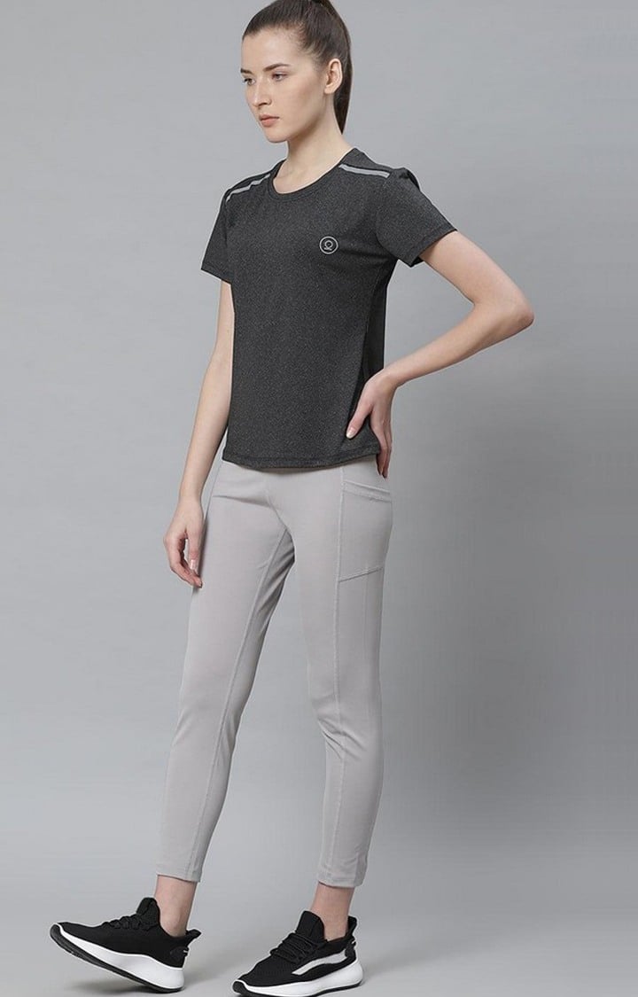 Women's Dark Grey Melange Textured Polyester Activewear T-Shirt