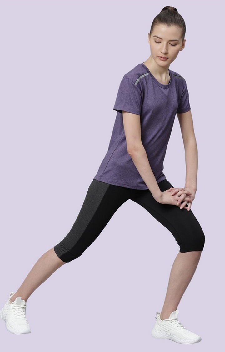 Women's Purple Melange Textured Polyester Activewear T-Shirt