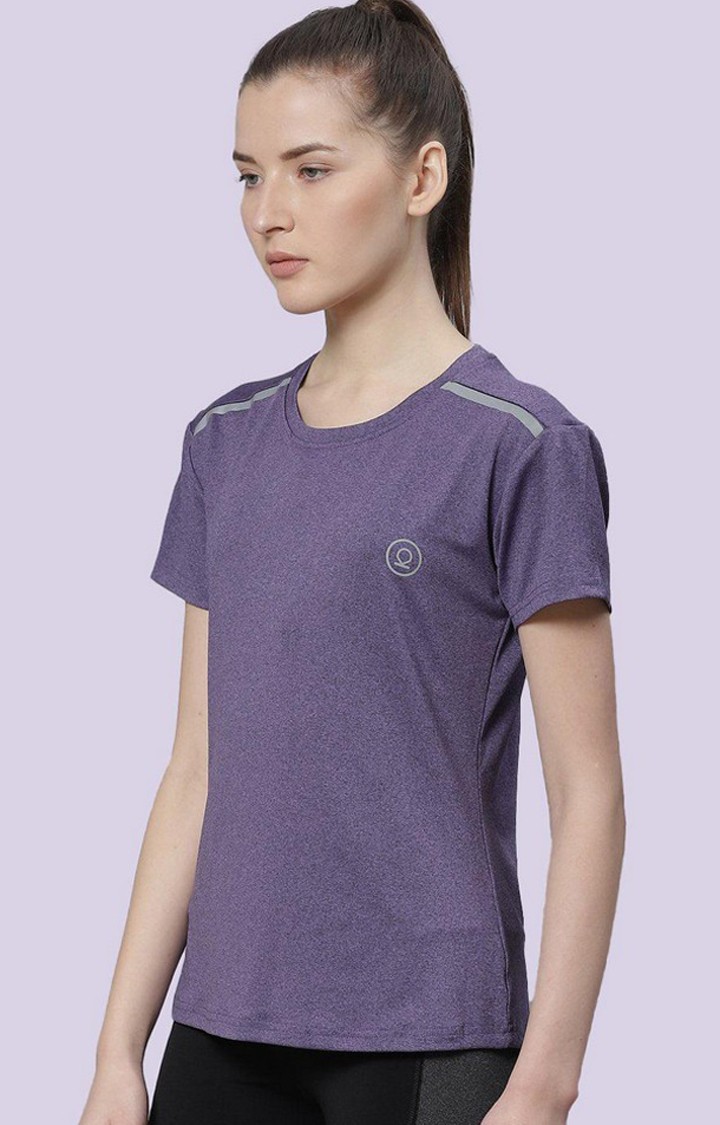 Women's Purple Melange Textured Polyester Activewear T-Shirt