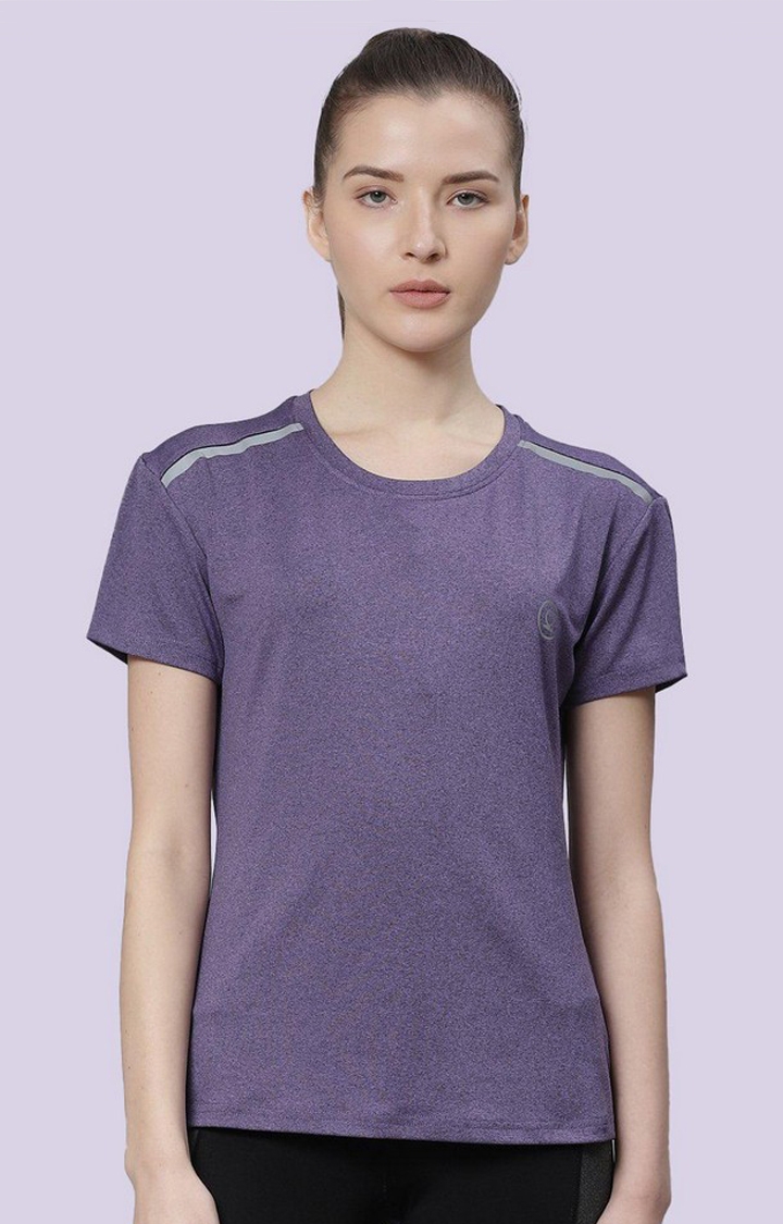 CHKOKKO | Women's Purple Melange Textured Polyester Activewear T-Shirt