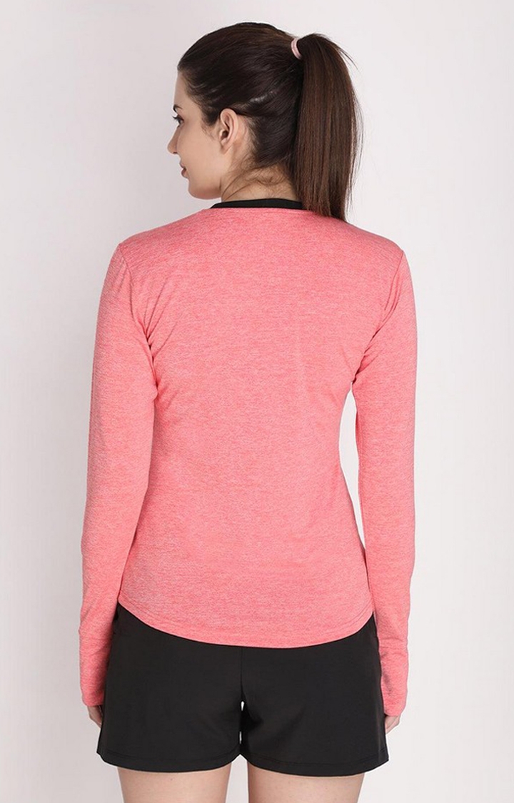 Women's Pink Melange Textured Polyester Activewear T-Shirt