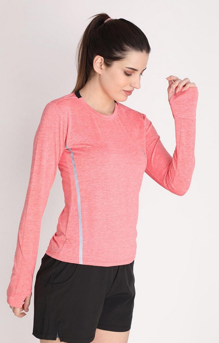Women's Pink Melange Textured Polyester Activewear T-Shirt