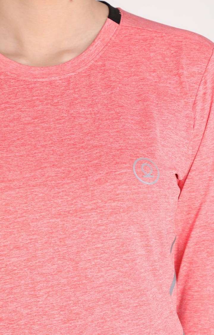 Women's Pink Melange Textured Polyester Activewear T-Shirt