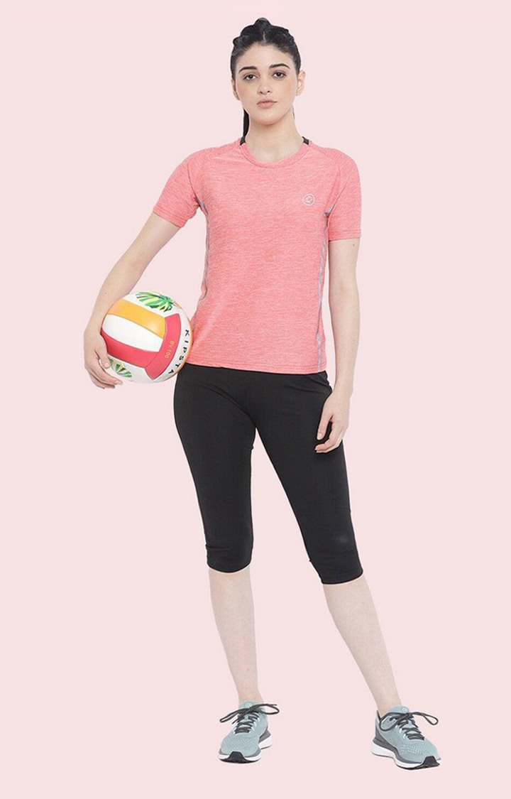 Women's Pink Melange Textured Polyester Activewear T-Shirt